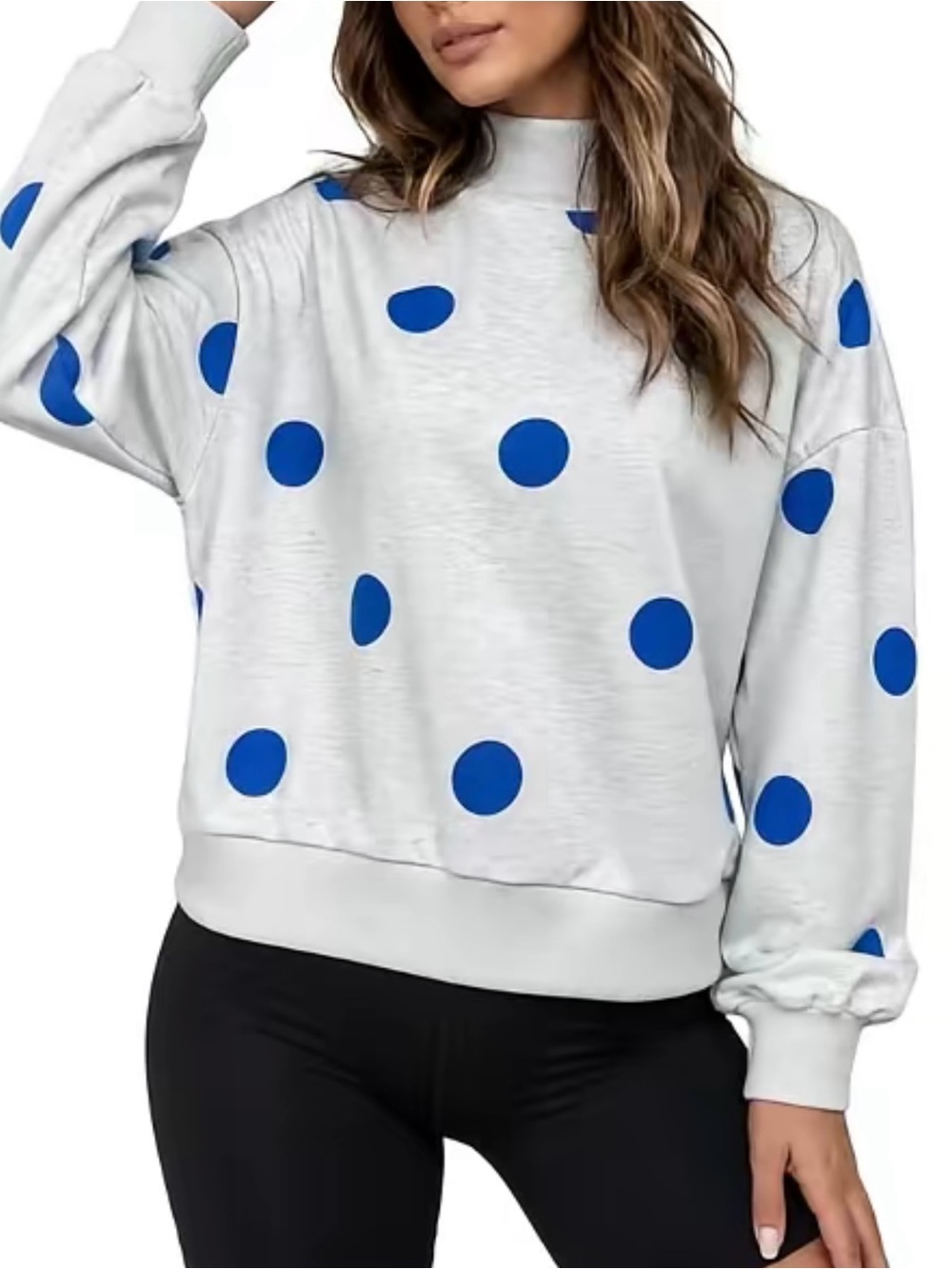 Women's Grey Blue Polka Dot Mock Neck Long Sleeve Fashion Sweatshirt New Small
